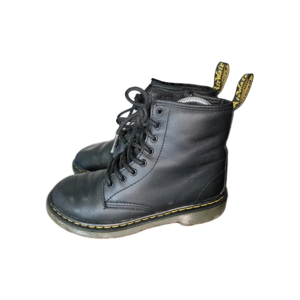 Dr. Martens 1460 J Kids Youth Black Leather Lace Up Boots Side Zip US 2 EU 33